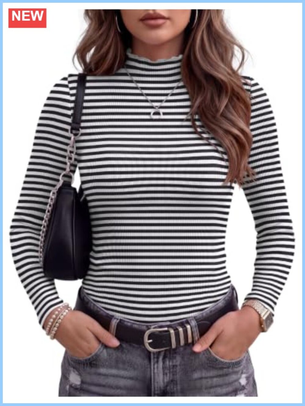 Zeagoo Mock Neck Lettuce Trim Ribbed Knit Slim Fit Long Sleeve Top